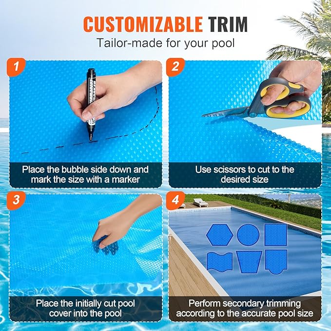 VEVOR Solar Pool Cover, 32 x 16 ft Rectangle Solar Blanket for Pools, 16 mil Solar Covers for Inground Above Ground Swimming Pool Solar, Blue