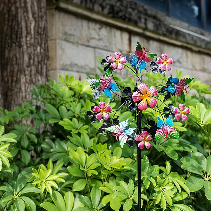 360° Butterfly Wind Spinners Outdoor Metal, Double-Layered Kinetic Wind Spinner with Stake, 38"×11.5", Wind Spinners for Yard and Garden (Butterfly)