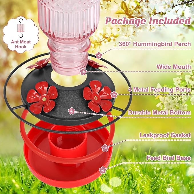 FEED GARDEN Glass Hummingbird Feeder for Outdoors, 16oz with Ant Moat, 4 Bee-Proof Ports, Leak-Proof, Easy to Clean, Pink