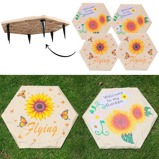 4Pcs Round Sunflower Stepping Stone Outdoor Garden Walkway, Durable Plastic Pavers for Patio, Pathway, and Landscaping, Weatherproof Stepping Stones with Ground Stakes (Hexagon Sunflower)
