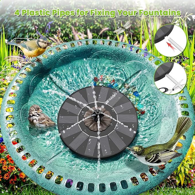 SZMP Solar Fountain 2026 Upgrade, Solar-Powered Bird Bath Fountain with 4 Fixed Rods & 7 Nozzles for Garden, Pond, Pool, and Patio – No Battery Required, Attracts Hummingbirds & Wildlife