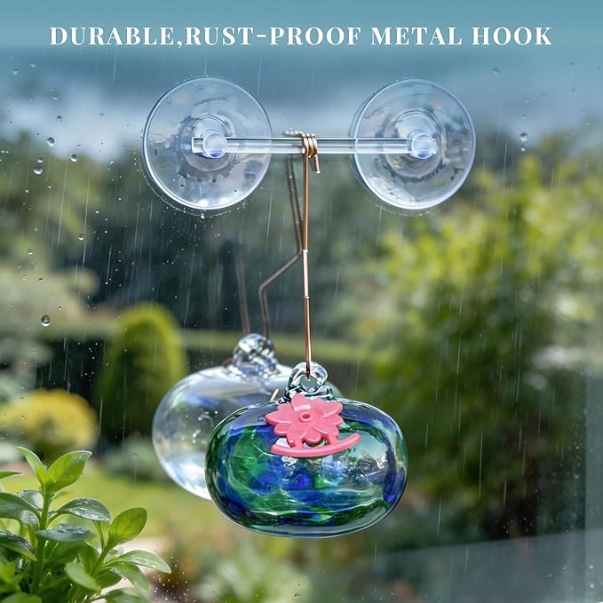 QFkris Blown Glass Hummingbird Feeder with Suction Cups for Window, Small Hummingbird Feeder with Flower Feeding Ports for Outside Garden Backyard Decor, Gifts for Women Mom(Green)