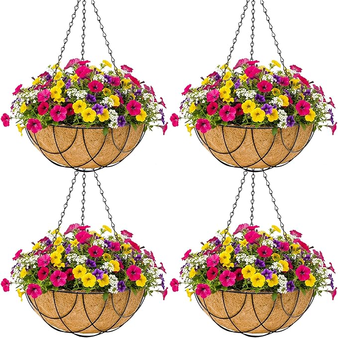 4pcs 14 inch Metal Hanging Baskets Round Wire Plant Stand with Coco Lining Cushion Decorative Planter Hanger Garden Indoor Outdoor Watering Hanging Basket （DQ）