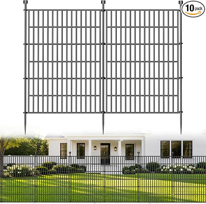 10 Panels No Dig Decorative Outdoor Garden Fence for Yard, 40 in(H) X 23.6 ft(L) Animal Barrier Fencing Rustproof Metal Wire Panel Border for Dog, Rabbits, and Patio Temporary Ground Stakes