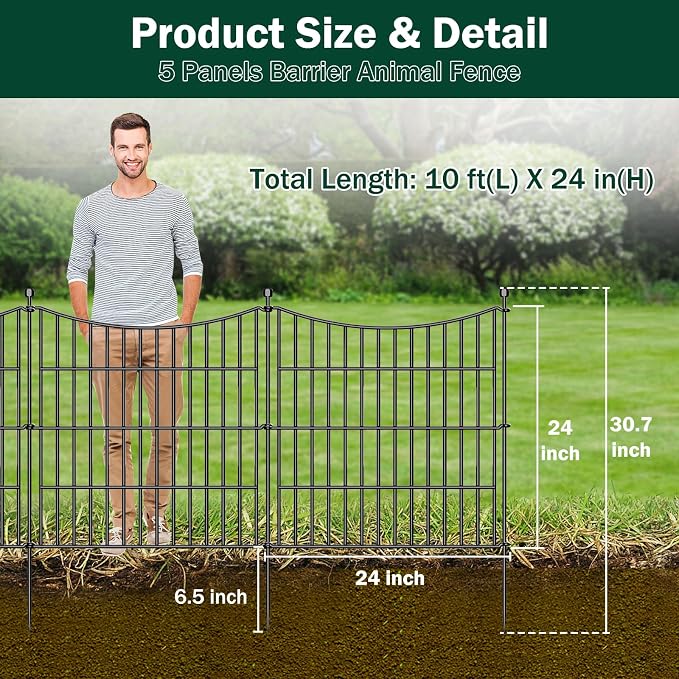 5 Panels No Dig Dog Fence Outdoor for Yard, 24 in(H) X 10 ft(L) Decorative Tall Garden Fence Animal Barrier, Rustproof Metal Wire Garden Edging and Borders, Temporary Fencing Stakes