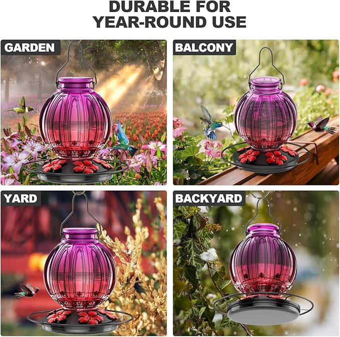 Glass Hummingbird Feeder for Outdoors Hanging, 26Oz Bird Nectar Feeder with Perch & 5 Flower Feeding Ports, Leak Proof for Outside Garden Decor Backyard, Gifts for Women Mom, Purple Red