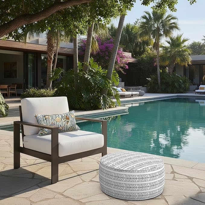 LVTXIII Indoor/Outdoor Inflatable Ottoman with Handle D21 x H9 Inch, Weather-Resistant Round Footstool Pouf for Patio Camping Living Room, Portable Footrest Extra Seating, Herringbone Black White