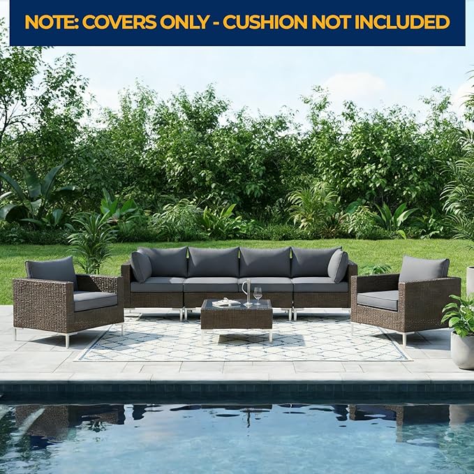 HOMREST 14-Piece Outdoor Cushion Covers Set for Patio Furniture, Reversible Double-Sided Sofa Slipcovers with Zipper, Water-Repellent Replacement Covers Only (Grey, 25.6×25.6×3.9in)
