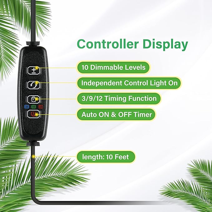 iPower 60W LED Plant Grow Light Strips Full Spectrum for Indoor Plants with Auto ON/Off 3/9/12H Timer, 10 Dimmable Levels 48 LEDs Per Tude, 4 Tubes, Yellow
