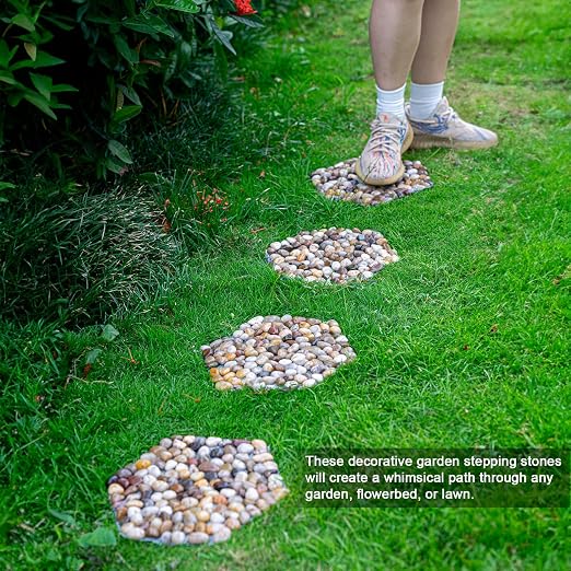 Stepping Stones Outdoor, 12 Inch Natural River Rock Garden Pavers, Set of 6 Round Pebble Stones for Walkway, Yard, Lawn, Patio, Pathway & Landscaping Decor (Hexagon)