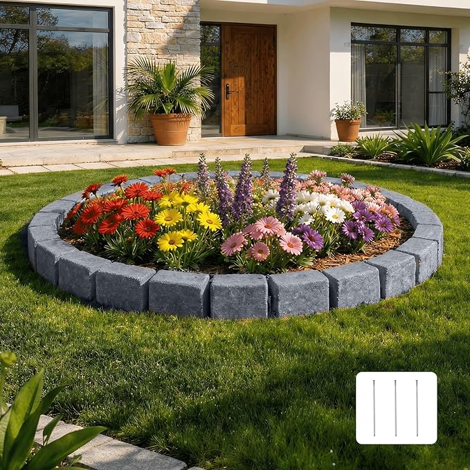 VEVOR Faux Stone Landscape Edging, 46.85" Kit, No Dig Garden Edging Border, Blocks for Lawn, Flower Beds, Yards, 1 Pack Each Section Has 6 Bricks 46.85" L x 3.94" W x 6.1" H, 3 Spikes, Sandstone Gray