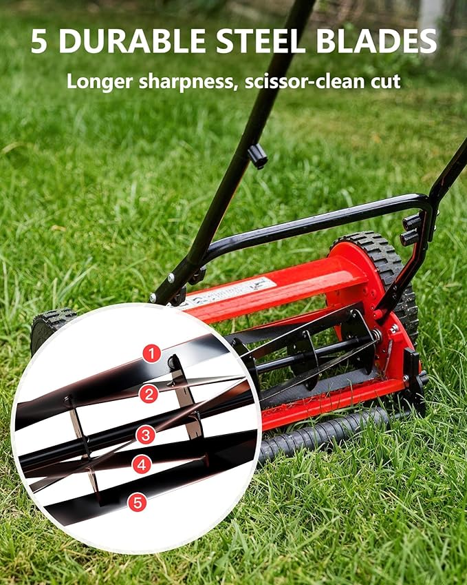 16-Inch Hand Push Reel Lawn Mower, 5-Blade Manual Push Lawnmower, 0.4-4" Adjustable Cutting Height, Lightweight for Small/Medium Yards, Easy Assembly, Compact & Quiet, Red