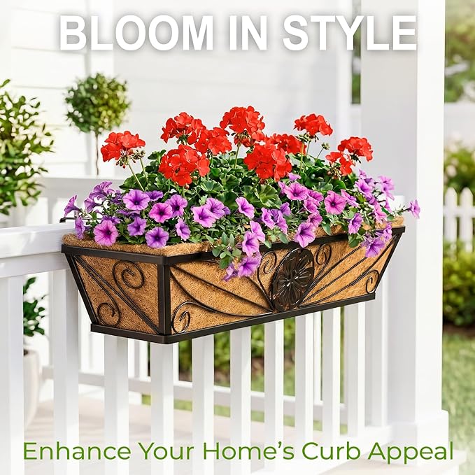 4 Pack 24 Inch Railing Planter Boxes with Coco Liner, Floral Scroll Metal Window Box Planters for Outdoor Plants, Black Hanging Window Baskets for Garden, Patio, Balcony Railing Decor
