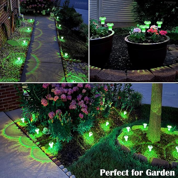 Priddop Solar Halloween Lights Outdoor Waterproof 8 Pack Green LED Mushroom | Yard Pathway Garden Decorative Patio Landscape Path Walkway Spike Pattern Acrylic Cap ABS Stake Outside Halloween Decor