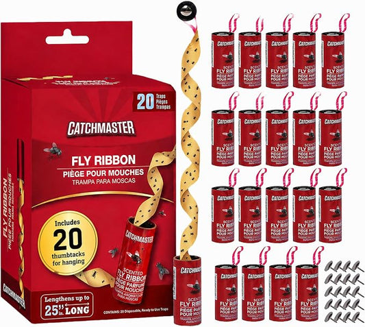 Catchmaster Fly Ribbon 20-Pack, Bug & Fly Traps Outdoor and Indoor, Premium Adhesive Sticky Strips & Gnat Hanging Strips, Bulk Flying Insect Paper Rolls, Pesticide-Free Home Pest Control