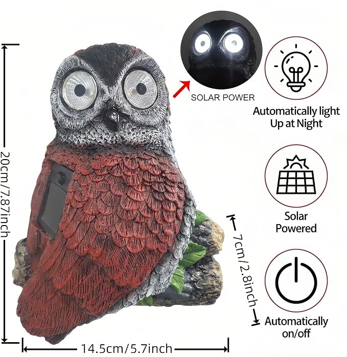 7.8" Solar Owl Garden Statue,Waterproof Owl Solar Lights with Glowing Eyes,Tree Decorations Outdoor for Yard Patio Lawn, Solar Owl Light for Night Garden Decor, Owl Garden Statue for Fence or Wall