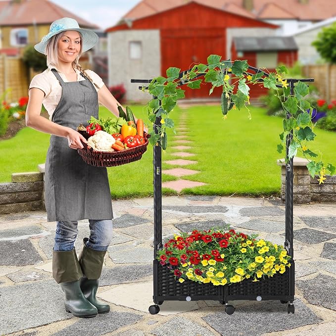 FOLLOOK Planter Box with Trellis Outdoor, 57in Plastic Raised Garden Bed with Trellis Hanging Roof for Vine Flower, with Lockable Wheels & Drain Plug for Patio Backyard Balcony, Black, 1 Pc