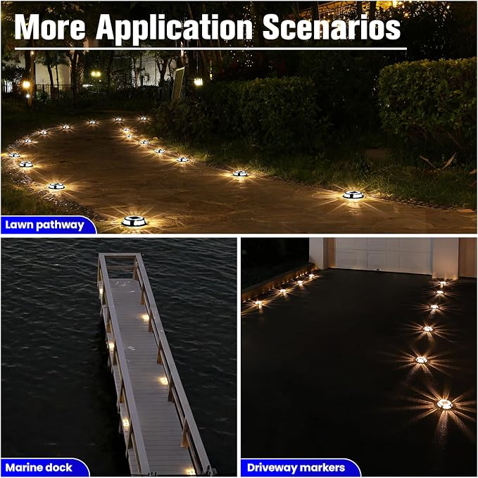 VOLISUN Solar Driveway Deck Lights Dock Marine Lights,4 Pack Solar Ground Light 2 Colors in 1 led Waterproof,Driveway Marker Light for Pathway Warning Step (White/Warm White),Auto On/Off