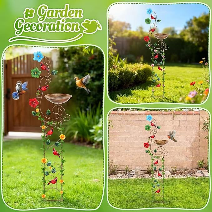 Metal Bird Bath with Trellis for Outside, 57” Height Birdbaths & Supports, Small Garden Decorative Trellises for Climbing Flowers Outdoor (Redbird)
