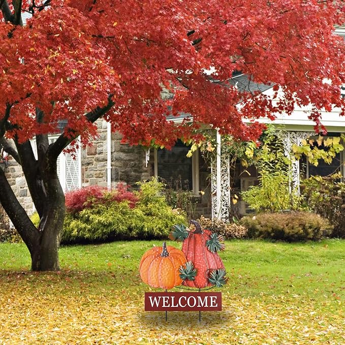 YEAHOME Fall Decorations for Home Outdoor, 22" Decorative Garden Stakes with 2 Pack Pumpkin Welcome Sign Fall Decor, Metal Yard Sign for Outside Garden Yard Lawn Patio Backyard Porch Decorations