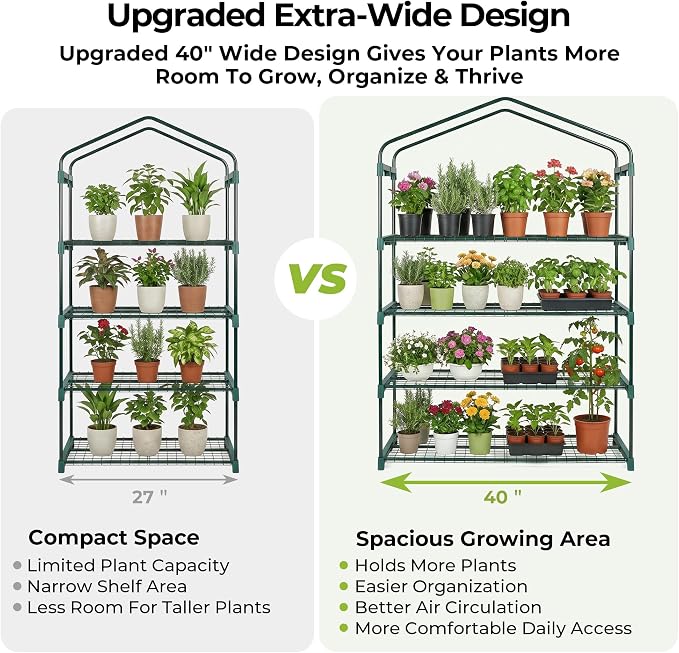 Worth Garden 50% Extra Wide Mini Greenhouse 4 Tier Portable Plant Green House 40in Wide -Sturdy Gardening Shelves with PE Cover & Roll-Up Zipper Door - Indoor & Outdoor Use - 19″W. x 40″L. x63″H.
