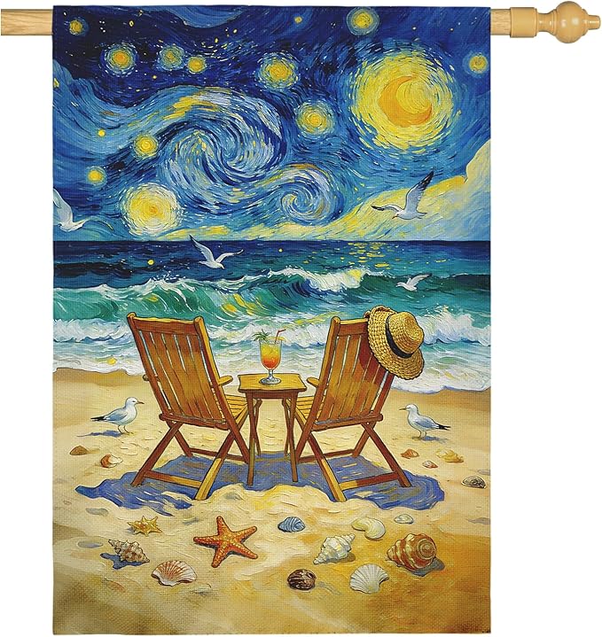 Beach Garden Flag Spring Summer Coastal House Flags Van Gogh Inspired Starry Night Style Ocean Seaside Chairs Yard Banner for Outside Lawn Patio Porch Seasonal Home Double Sided 28 x 40 Inch