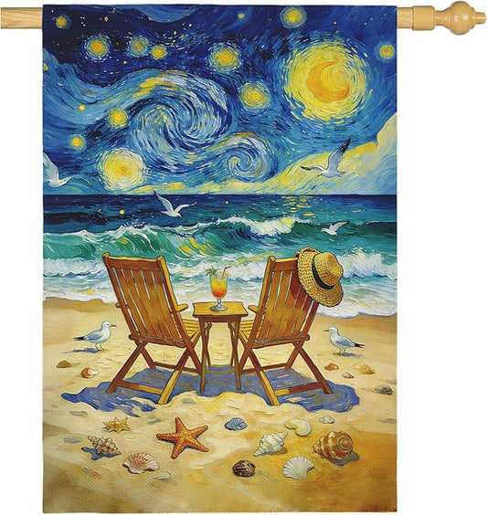 Beach Garden Flag Spring Summer Coastal House Flags Van Gogh Inspired Starry Night Style Ocean Seaside Chairs Yard Banner for Outside Lawn Patio Porch Seasonal Home Double Sided 28 x 40 Inch