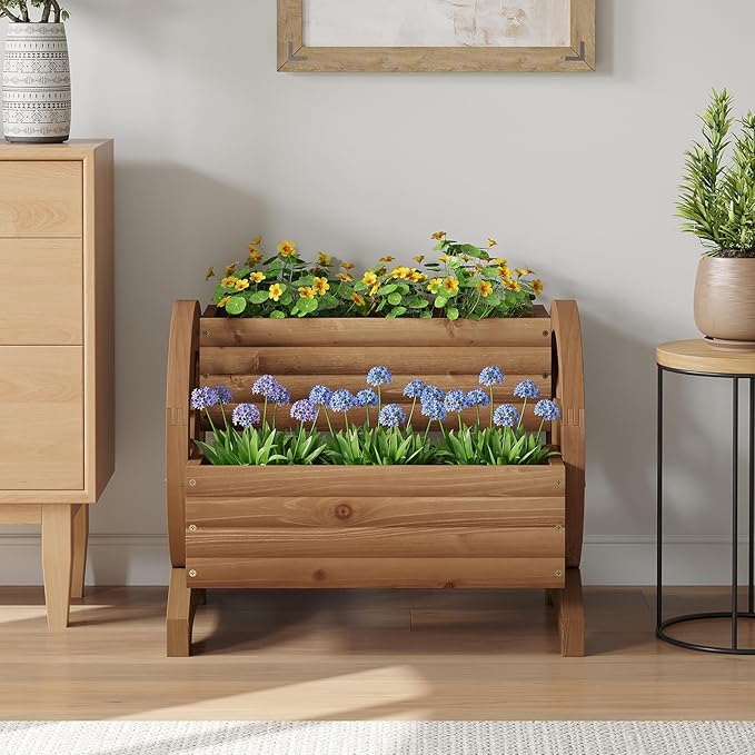 Wooden Wagon Planter Outdoor Flower Cart with Wheels Garden Planter, Decor Planter for Patio Balcony Decoration Succulent Flower Pot for Indoor Backyard Balcon Yard Decor planters (Brown)