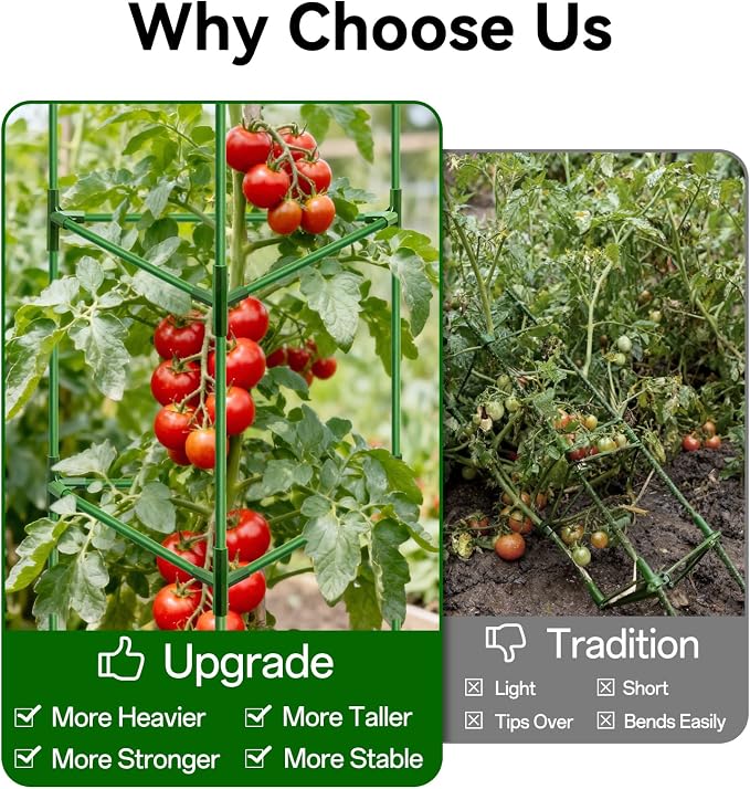 Halatool 6 Pack Heavy Duty Tomato Cages, 57 Inch Tall Metal Plant Supports Stakes for Outdoor Garden, Adjustable Foldable Steel Trellis for Climbing Plants Cucumbers Peppers Flowers Vegetables Fruits