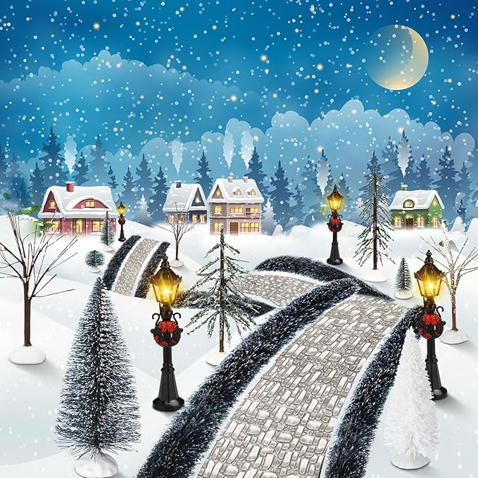 Hotop 18pc Christmas Village Accessories 47.2 Inch Village Roads Mini Snowy Trees Streets Light Lamppost Hedge Figurines Set for Display Winter Holiday Decorations DIY Crafts No Batteries(Exquisite)
