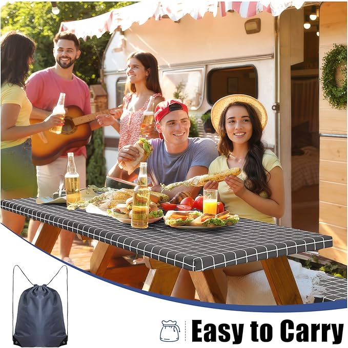 Smiry Picnic Table Cover with Bench Covers, Waterproof Elastic Fitted Tablecloth for 8 Foot Tables, Washable Polyester Tablecloths for Camping, Indoor & Outdoor (Grey & White, 30x96 Inch 3-pc Set)
