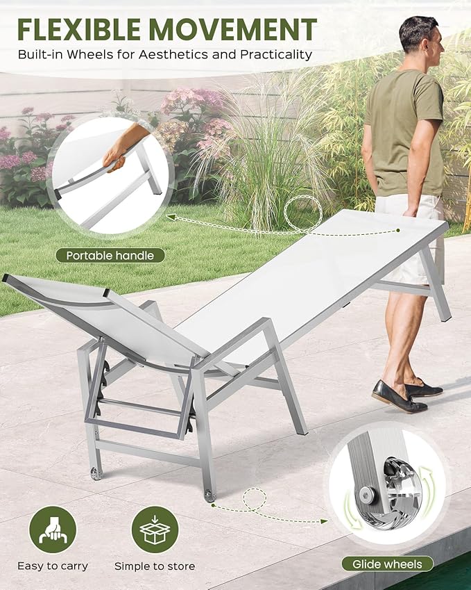 Patio Chaise Lounge Chair Outdoor with Wheels&Armrests, Aluminum Pool Lounge Chairs Five-Position Adjustable Recliner with Side Table, Outdoor Beach Lounge Chairs for Poolside, Deck, Garden, White