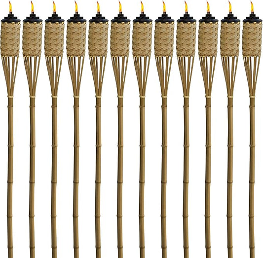 TIKI Bamboo Tiki Torches 12-Pack – Weather-Resistant Outdoor Décor with Easy-Pour Wide-Mouth Canister Refill for Patio, Garden, Backyard, and Parties, 57-Inch Citronella Torches