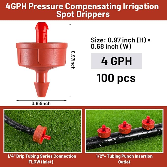 100 PCS 4 GPH Pressure Compensating Drip Irrigation Spot Dripper, Max Flow Drip Irrigation Emitters Heads for Dry Soil Thirsty Plants, Irrigation Drippers Parts for Arid Area Outdoor Irrigation