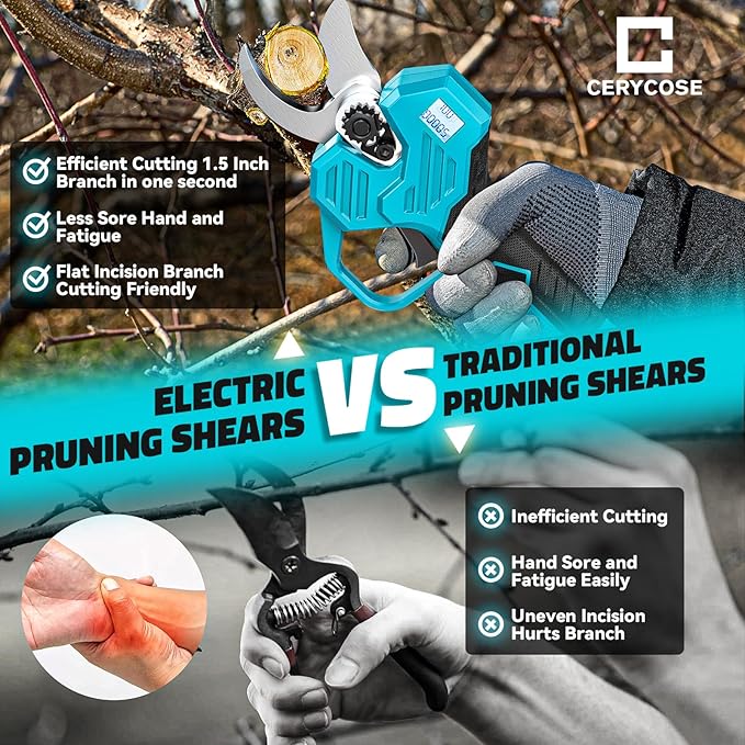 Cerycose Electric Pruning Shears Compatible with Makita 18v Battery, 0.8-2 Inch Max Cutting Diameter Electric Pruner with LCD Display & Imported SK7 Steel Blades for Gardening Tree Pruning(No Battery)
