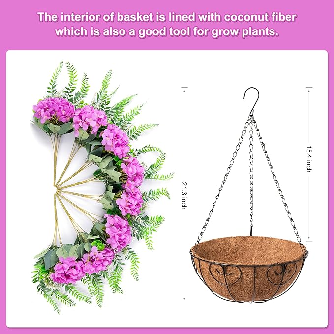 Ammyoo Artificial Flowers in Hanging Basket Planter for Home Spring Summer Decoration, Silk Hydrangea Outdoor Indoor Arrangements, 12" Metal Coconut Lining Basket with Faux Plant(Purple)