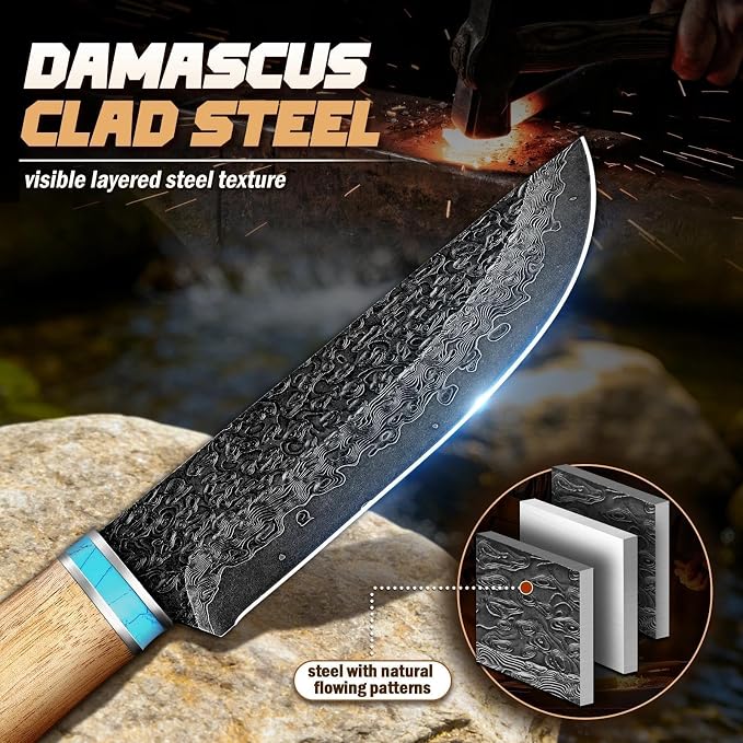 Freelander Compact Fixed Blade Knife 5.3 Inch – Damascus Steel EDC Knife with Wooden Sheath & Handle, Small Camping Knife for Outdoor, Bushcraft, Gift for Men