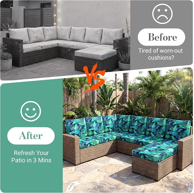 pickyNproud 14Pcs Patio Cushion Covers Stretch Outdoor Couch Cushions Slipcovers Replacement Washable Furniture Protector with Elastic Bottom Sofa Chair Seat Cover, Palm Leaves