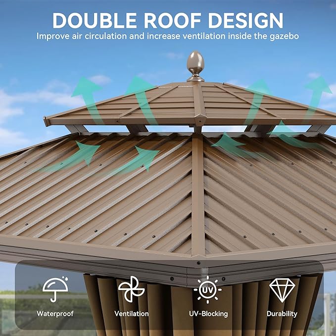 YITAHOME 10x10ft Hardtop Gazebo with Nettings and Curtains, Aluminum Frame Heavy Duty Double Roof Galvanized Steel Outdoor for Patio, Backyard, Deck (Bronze)