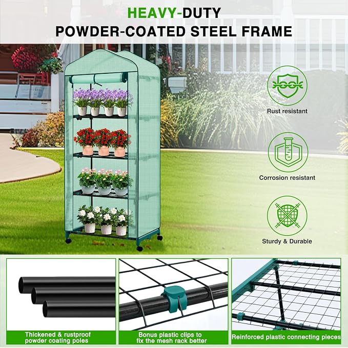 Yesker Mini Greenhouse 27"x20"x63" Portable Indoor / Outdoor Small Green House with 4 Tier 4 Shelves Wheels Thicken PE Cover Compact Greenhouses Kit for Winter Gardening Balcony Patio Backyard, Green