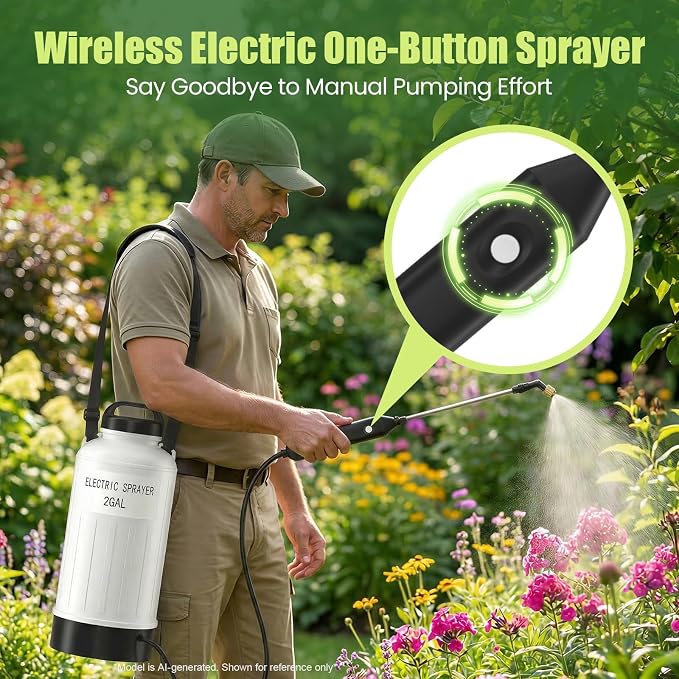 Battery Powered Sprayer 2 Gallon, Wide Mouth Electric Pump Sprayer with Upgraded Elevated Base and Thickened Anti-Abrasion Tank, Kink Proof Hose, Retractable Wand, 3 Nozzles Lawn and Garden