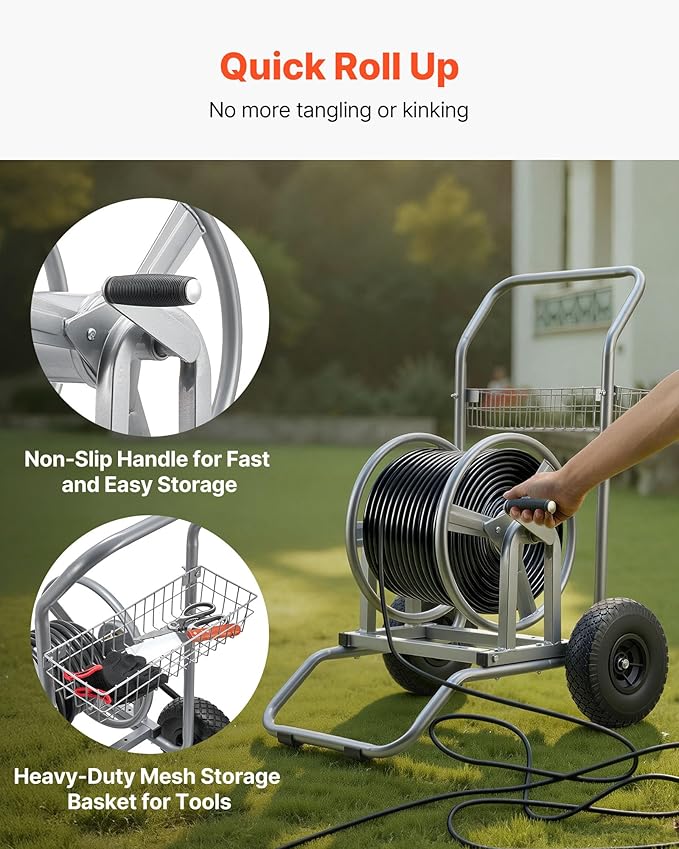VEVOR Hose Reel Cart, 200/300ft High-Pressure Garden Hose Cart, Hoses Reel Carts with Two Wheels, Handle & Heavy-Duty Mesh Storage Basket, Dual-Purpose Portable Hoses Reels for Garden, Car, Pet