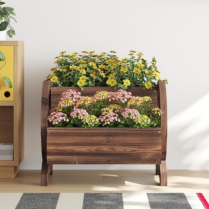 Wooden Wagon Planter Flower Cart Farm Stand Garden Decor Planter for Outdoor Patio Balcony Decoration,Rustic Farmhouse Wishing Well Decor Succulent Planter Indoor Backyard (Carbonized)