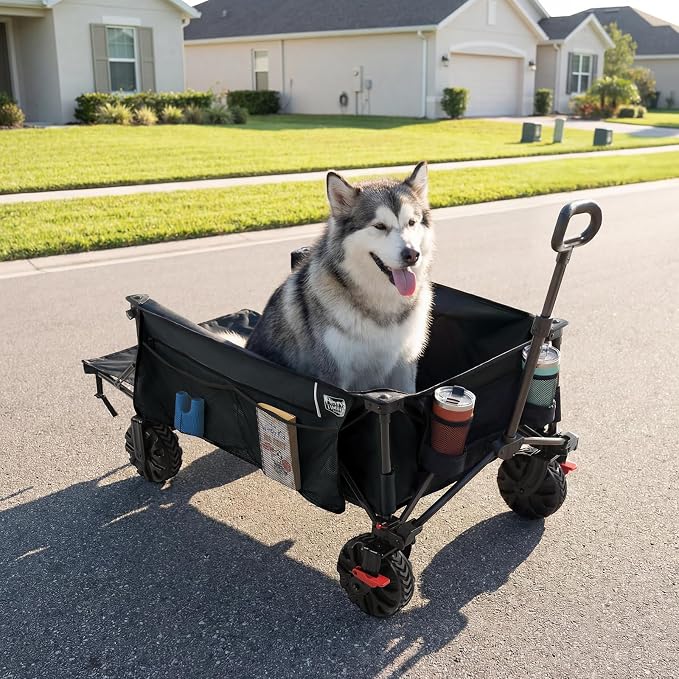 TIMBER RIDGE 600L Beast Wagon 26" W Extra Wide All Terrain Folding w/Big Wheels, Cargo Net & Tailgate, 400lbs Heavy Duty Portable Cart 54.5" L Large Collapsible Wagons for Camping, Sports, Dogs, Black