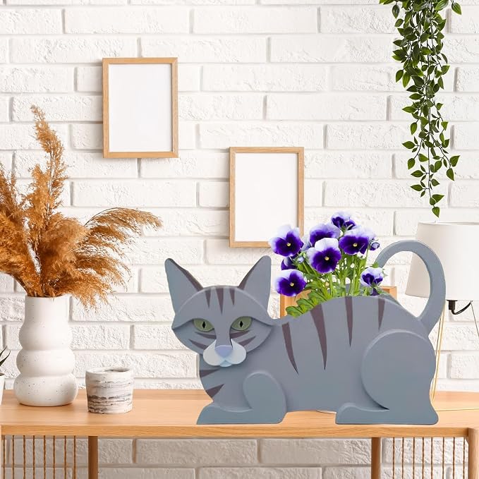 Blue Cat Planter,Cute Cat Flower Pot,Gifts for Pet Lovers,Unique Animal Plant Pots,Office,Indoor Outdoor Garden Decor