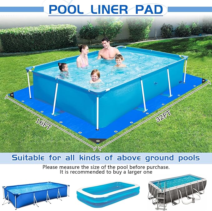 32 x 16 Ft Pool Liner Pad for Above Ground Pools, Thickened Pool Mat Tarp for Under Pool, Dual-Color Pool Ground Pad Cloth Floor Mat for Pool Bottom, Puncture Protection & Extend Liner Life