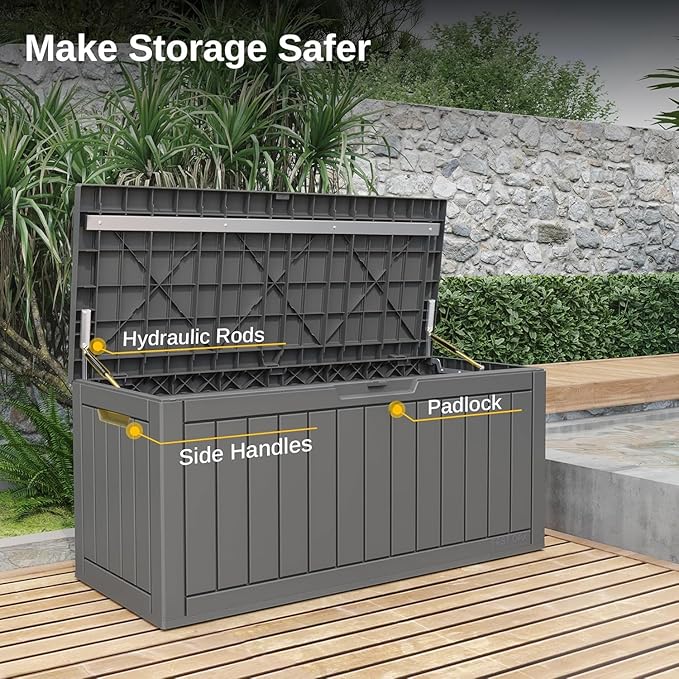 EAST OAK Outdoor Storage Box, 90 Gallon Deck Box, Water-Resistant Resin Storage Bin for Patio Cushions, Gardening Tools, UV Resistant, Lockable, Grey