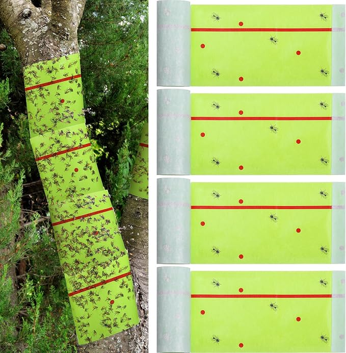 Qualirey 4 Rolls Spotted Lantern Fly Traps 30 Feet Each Roll Fly Tree Trap Sticky Strips Outdoor Fruit Glue Strips Disposable Tape Indoor Paper Sheets for Protecting Trees (Green)