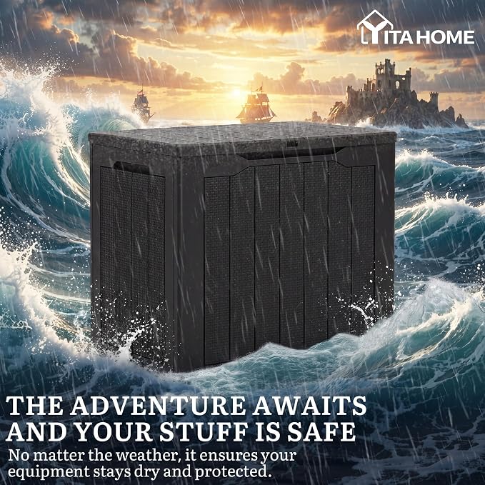 YITAHOME 32 Gallon Outdoor Deck Box, Waterproof Storage Box with Lockable Lid & Side, Resin Storage Container for Patio Furniture, Pool Accessories, Cushions, Garden Tools Equipment(Black)