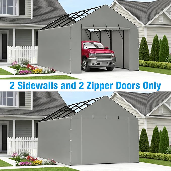 Metal Carport Replacement Sidewall Panel Kit for 12x20 FT, 2 Pack Sidewalls & 2 Pack Zipper Doors,220g PE Tarp, Roll-Up Carport Door Panels, Waterproof UV Resistant, Frame Not Included,Grey
